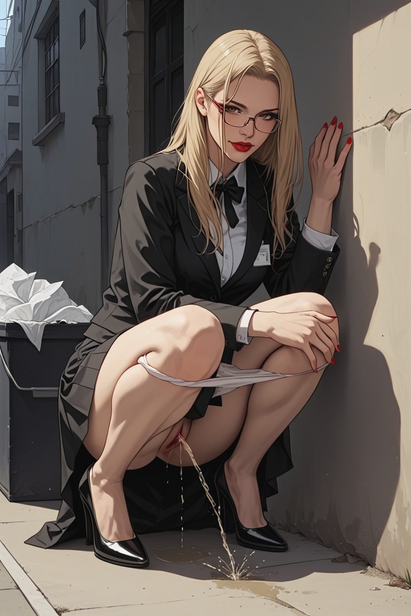 Front View, Exaggerated Jet Of Pee, Anatomically Correct Hands And Knees Hentai AI Porn