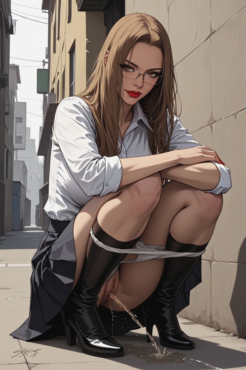 Urination, Squatting She Inclined Down Towards Her Knees, Front View Porno IA Hentai