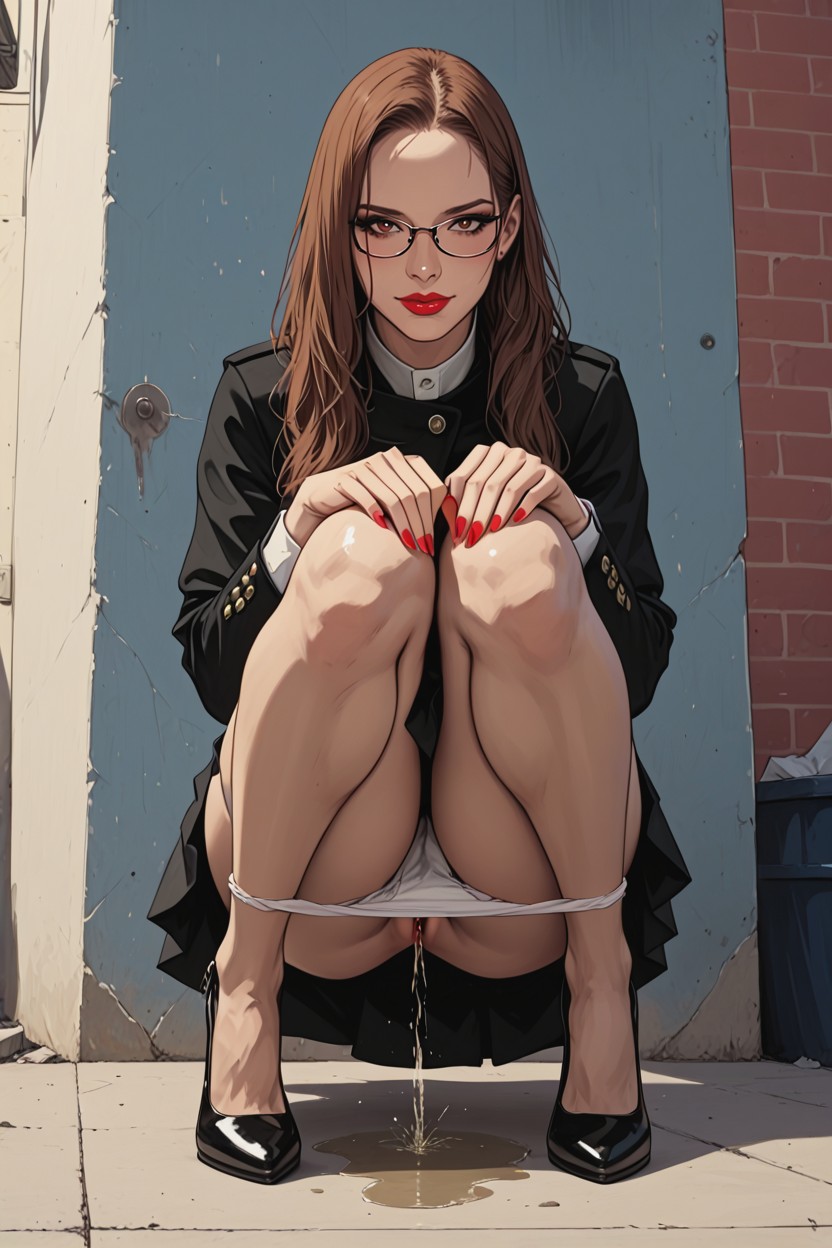 Trash On Ground, Sexy Beautiful Legs, Spreaded Legs In Free Natural Squat Pose Peeing 헨타이 AI 포르노