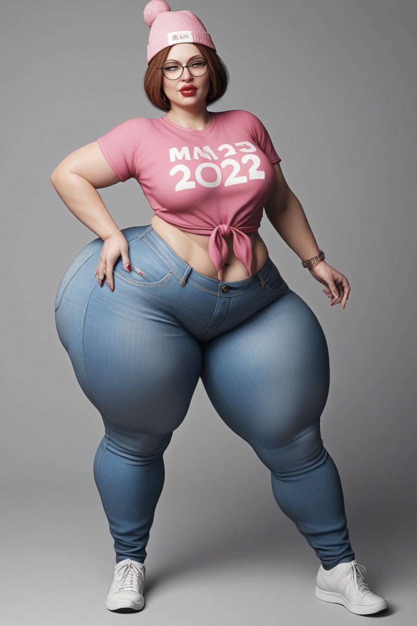 Thick Ass, Hyper Extreme Plump Round Lips, Pink T-shirt AI Porn