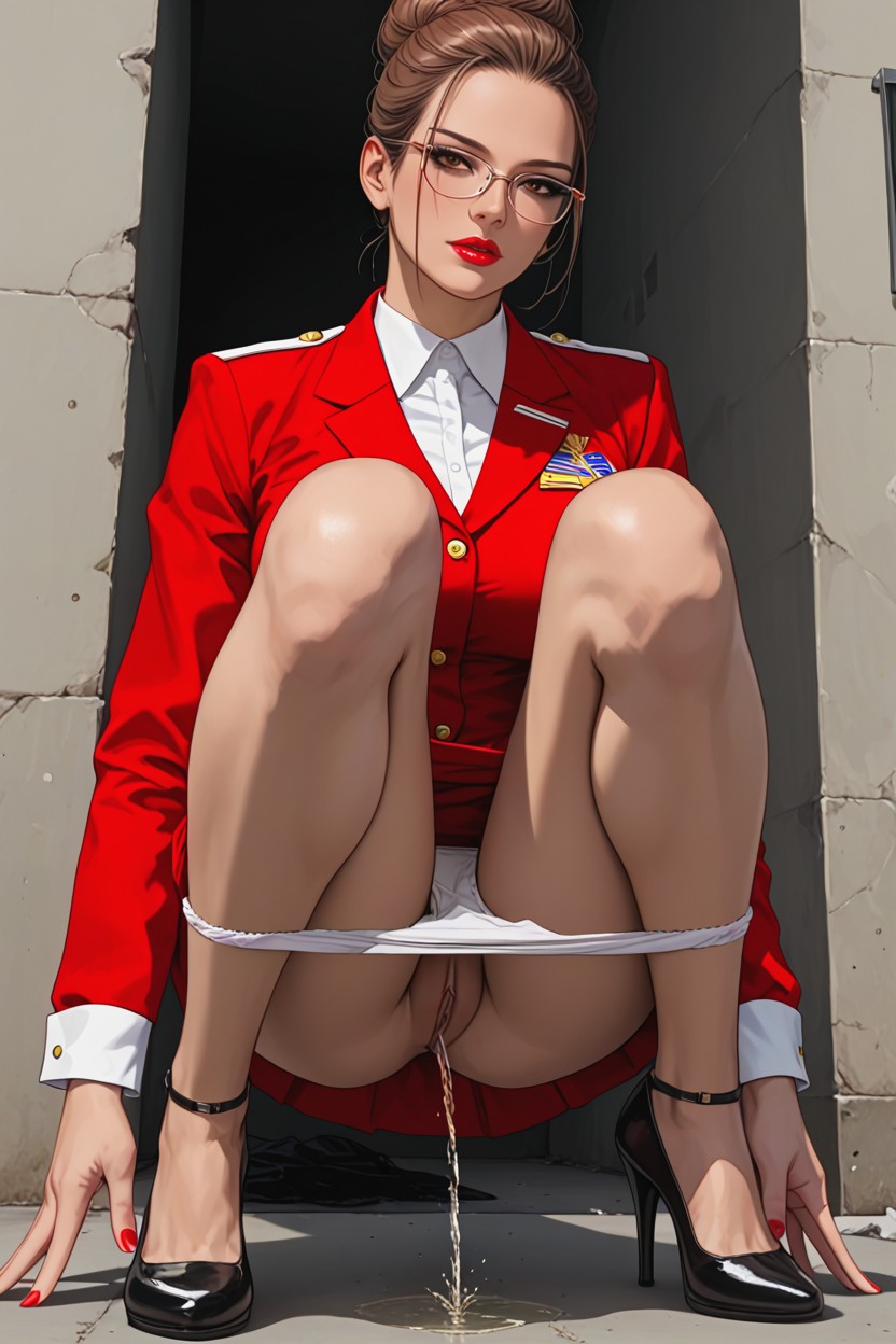 Exaggerated Jet Of Pee, Eyes Rolled, Red Midi Skirt 헨타이 AI 포르노
