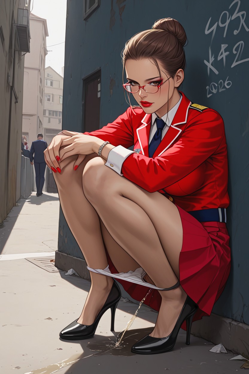 Teacher Peeing Outdoor In Secluded Pace, おだんごヘア, Photorealistic ヘンタイAIポルノ