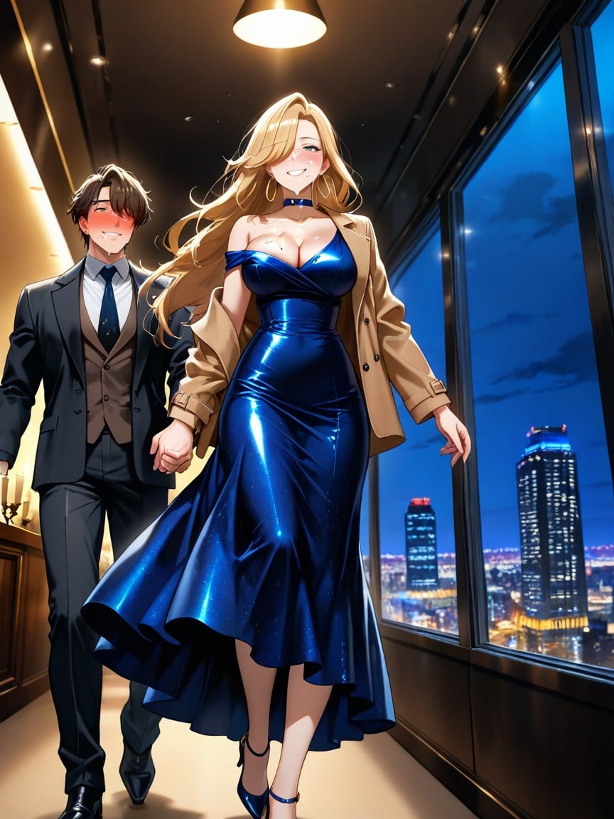 Beautiful Woman And Handsome Man Walking Into Dinner Party, Night, Woman Is Looking Back At Man AI Porn