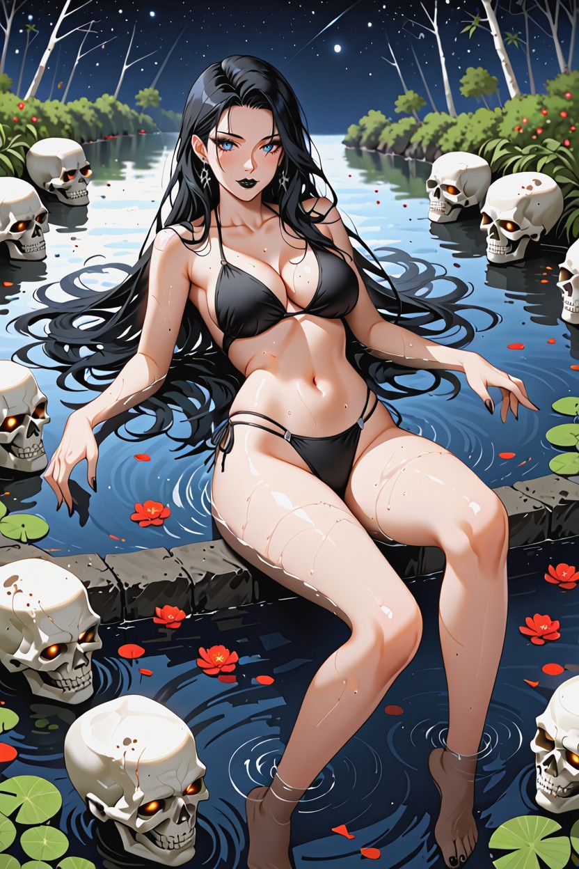 Decorative Black Goth Skeleton Bikiny, View From The Side, Woman AI黃漫