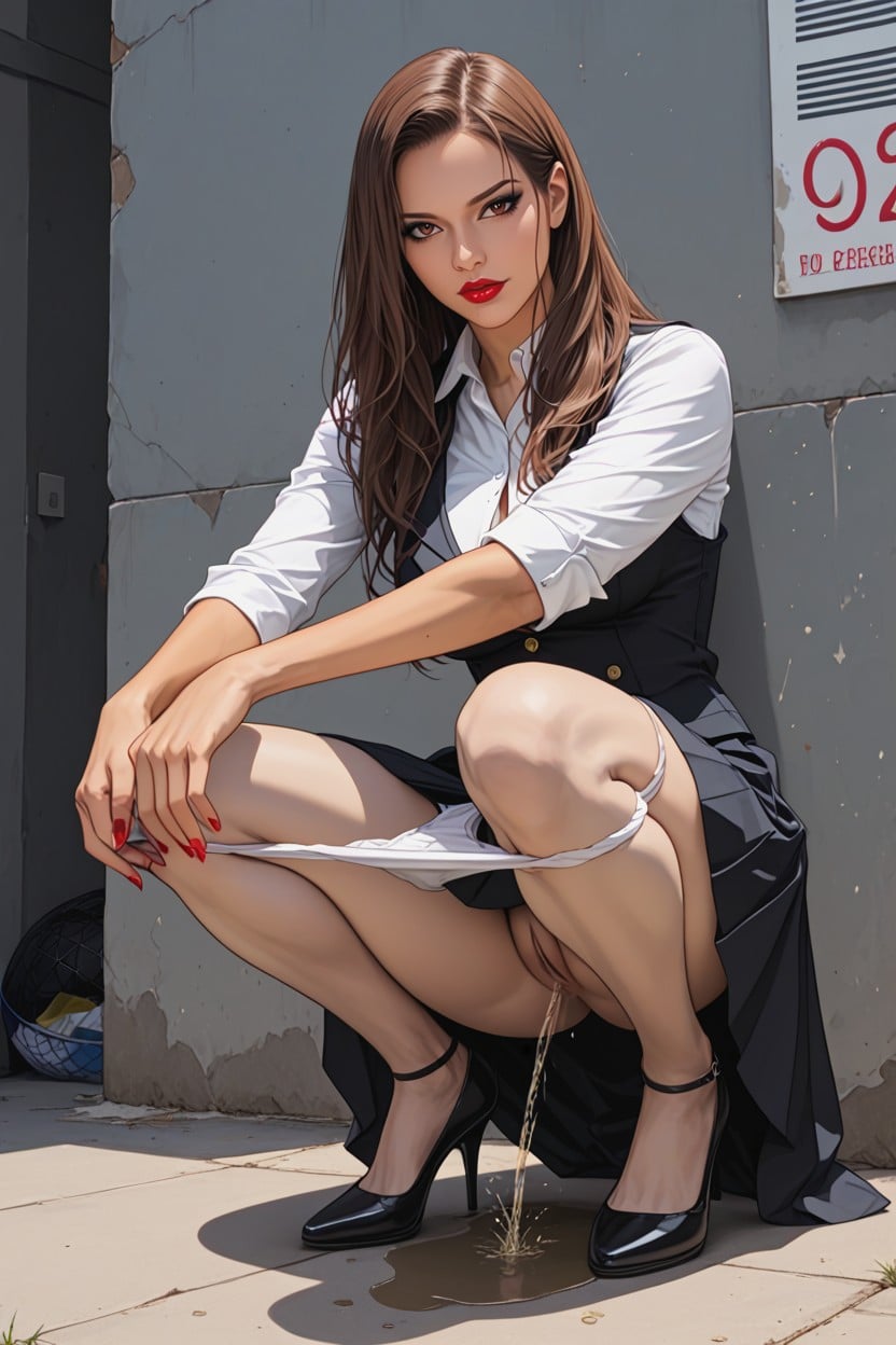 Panties Between Knees, Caught Peeing Backyard In Desolate Place, Long Skirt Topping Shins Hentai AI Porn