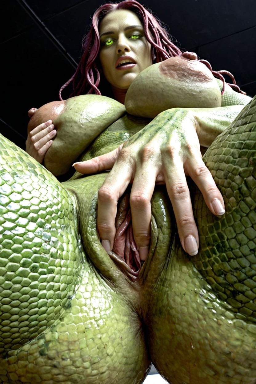 Queen Medusa, Detailed Scaled Dimpled Aerolas, Tits Squeezed Together AI Porn