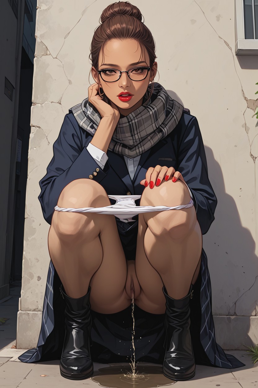 Middle Distance View, Squatting And Peeing Against Wall, Caught Peeing Backyard In Desolate Place Porno IA Hentai