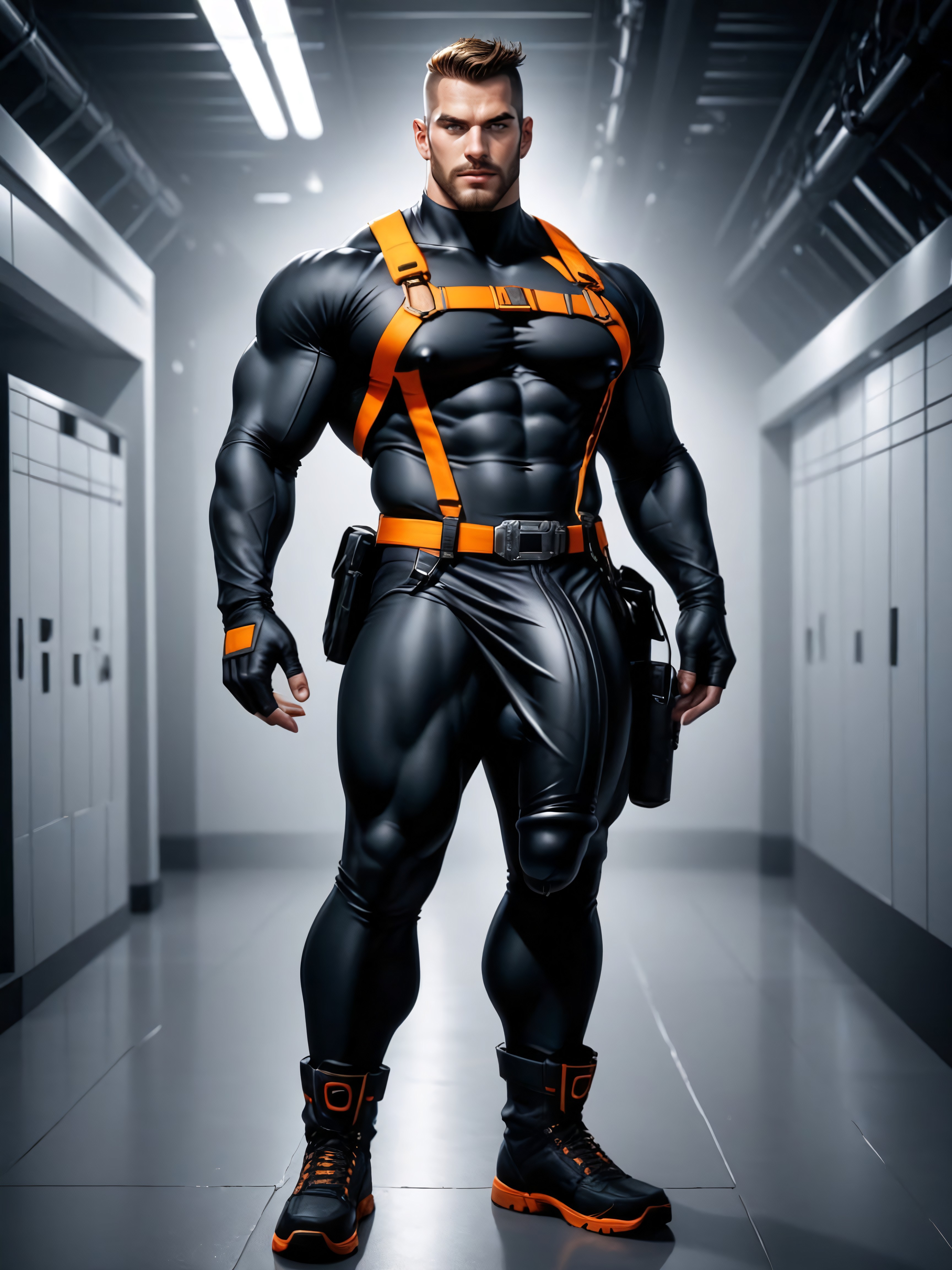 18+, Black With Orange Trim Chest Harness That Emphasizes Large Pecs And Nipples, Buzzcut Fade AI同性戀黃片