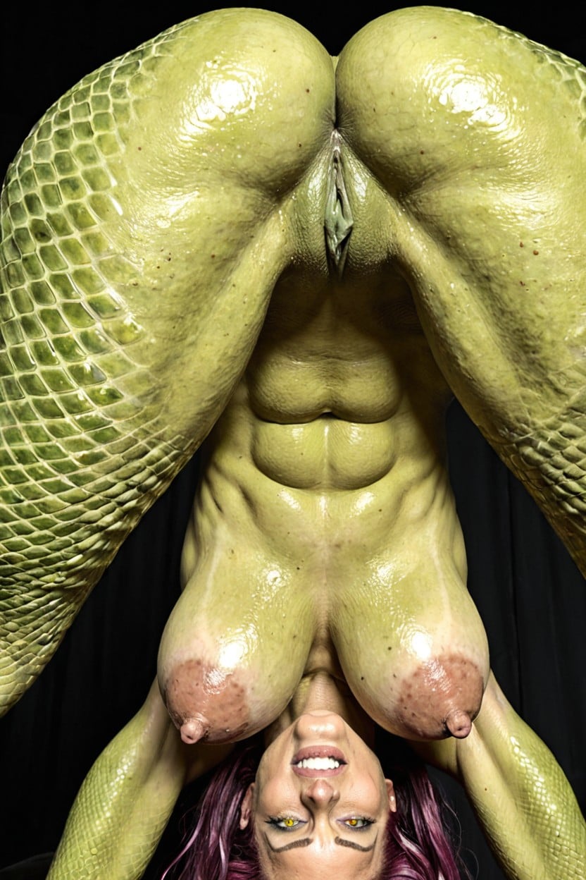 Green Scaley Butt, Dark Scaled Dimpled Areolas, View From Below AI Porn