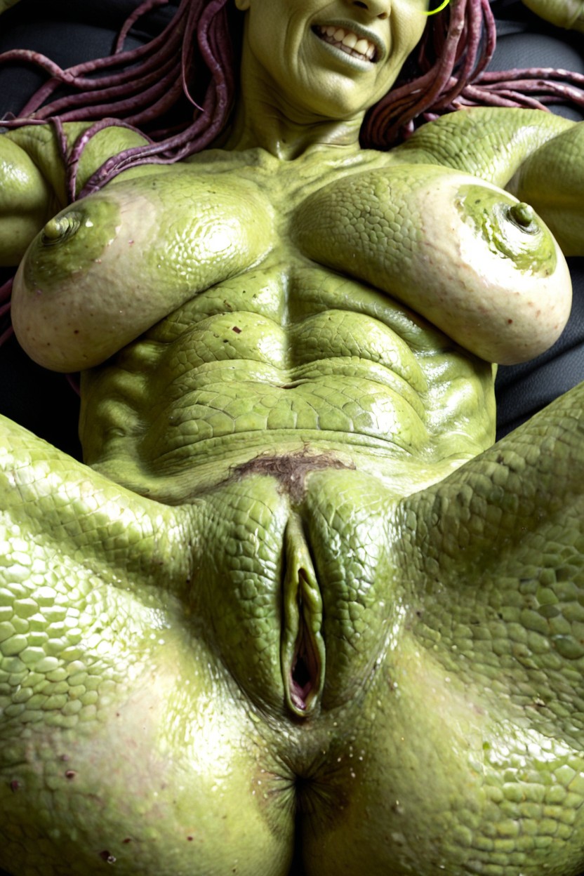 Green Scaley Ass, Green Scaled Skin Entire Body, Very Long Erect Nipples Porno IA