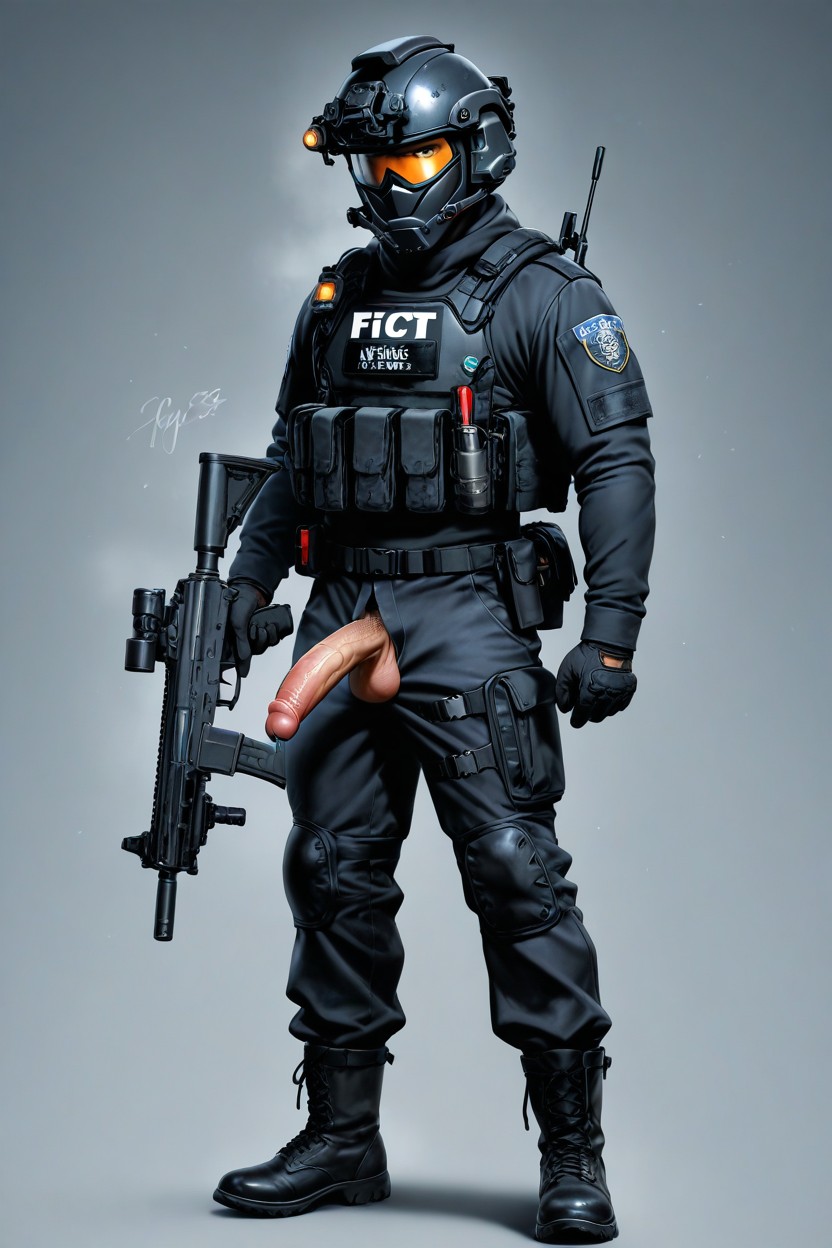 Aroused Penis, Holding Up Gun, Black Gloves ゲイAIポルノ