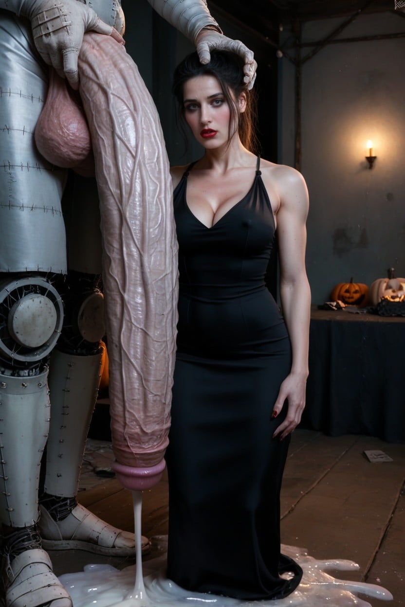 Skinny, Wednesday Black Dress With White Polkadots, Pony Cock AI Porn