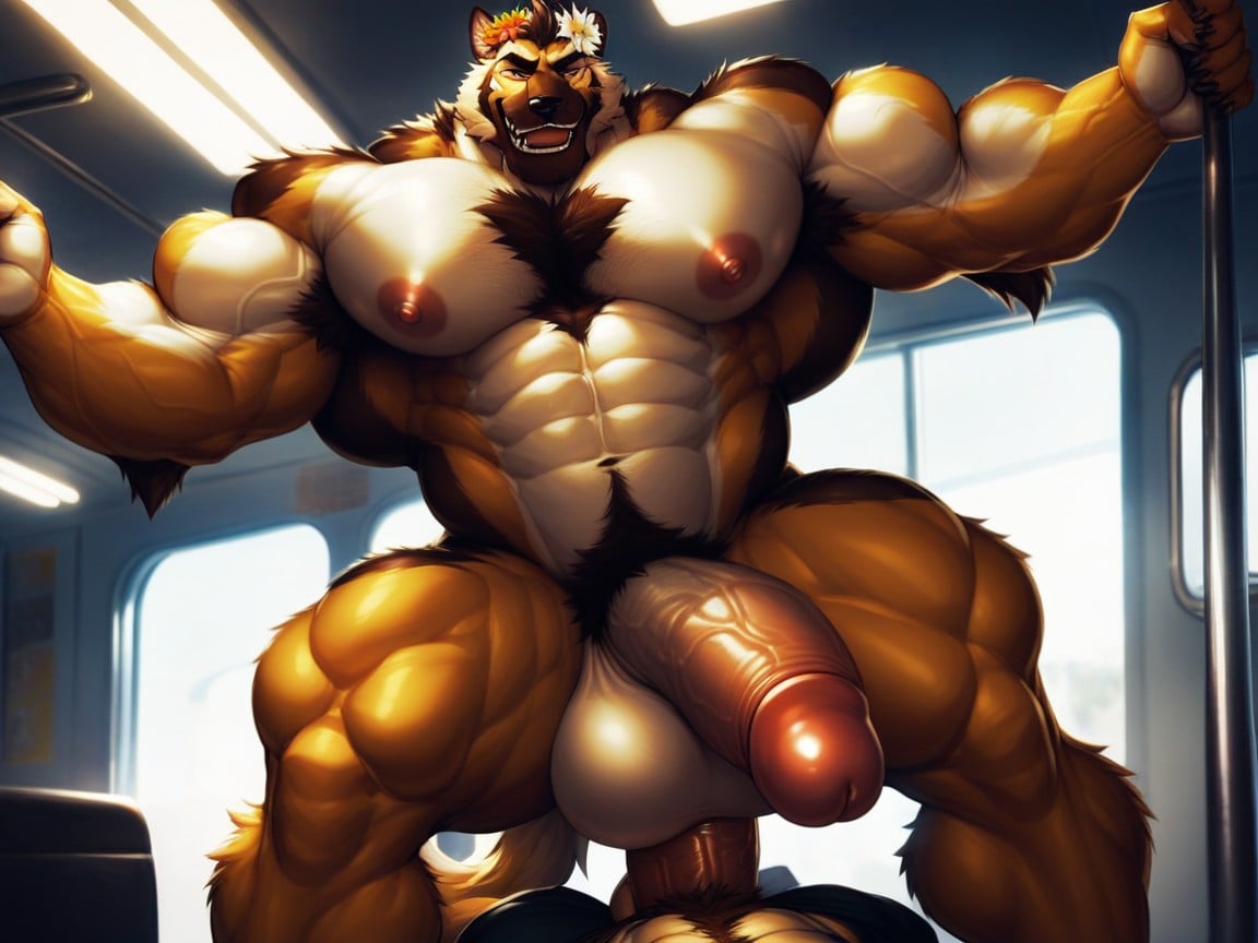 Hyper Muscle Pecs ; Hyper Abs Gigantic Abs, Left Eye Purple, Happy Furry AI Porn