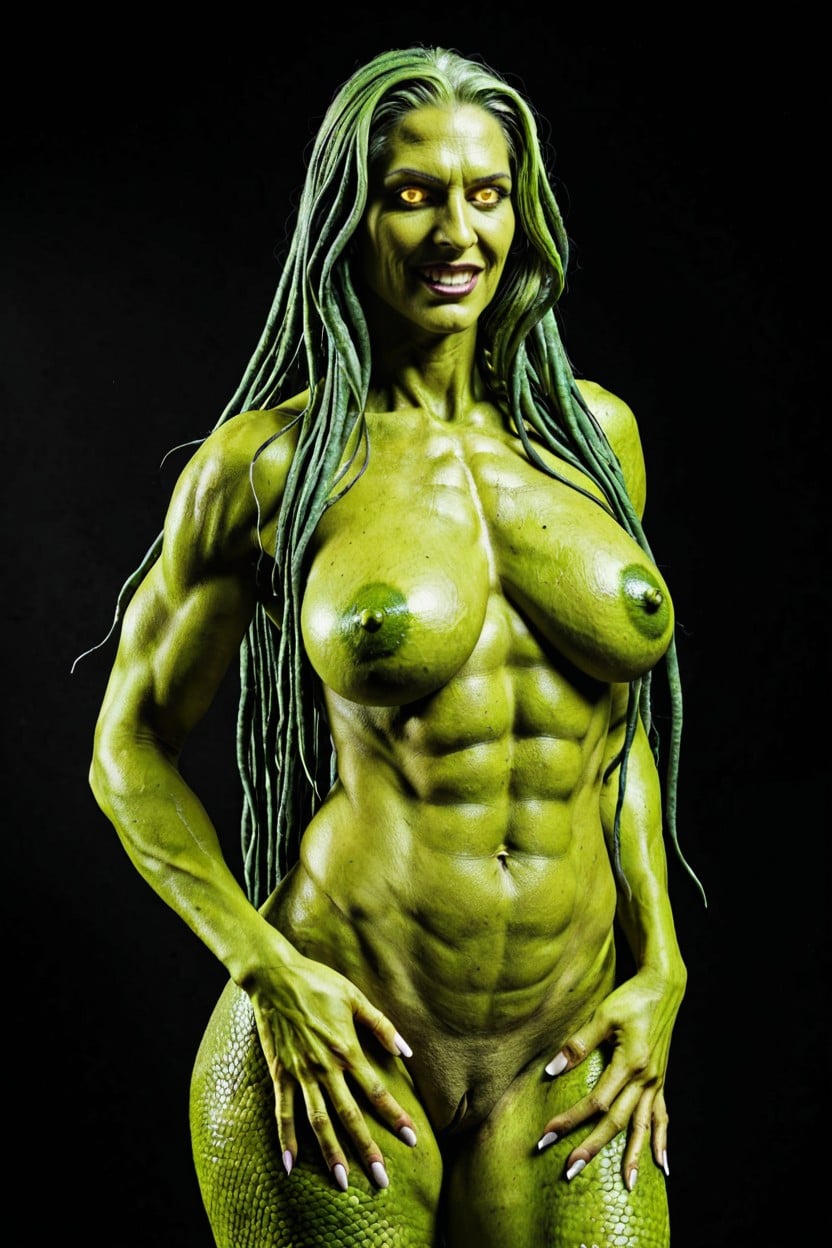 Bending Over Pussy, Droopy Sagging Boobs, Dark Green Scaled Nipples Porno IA