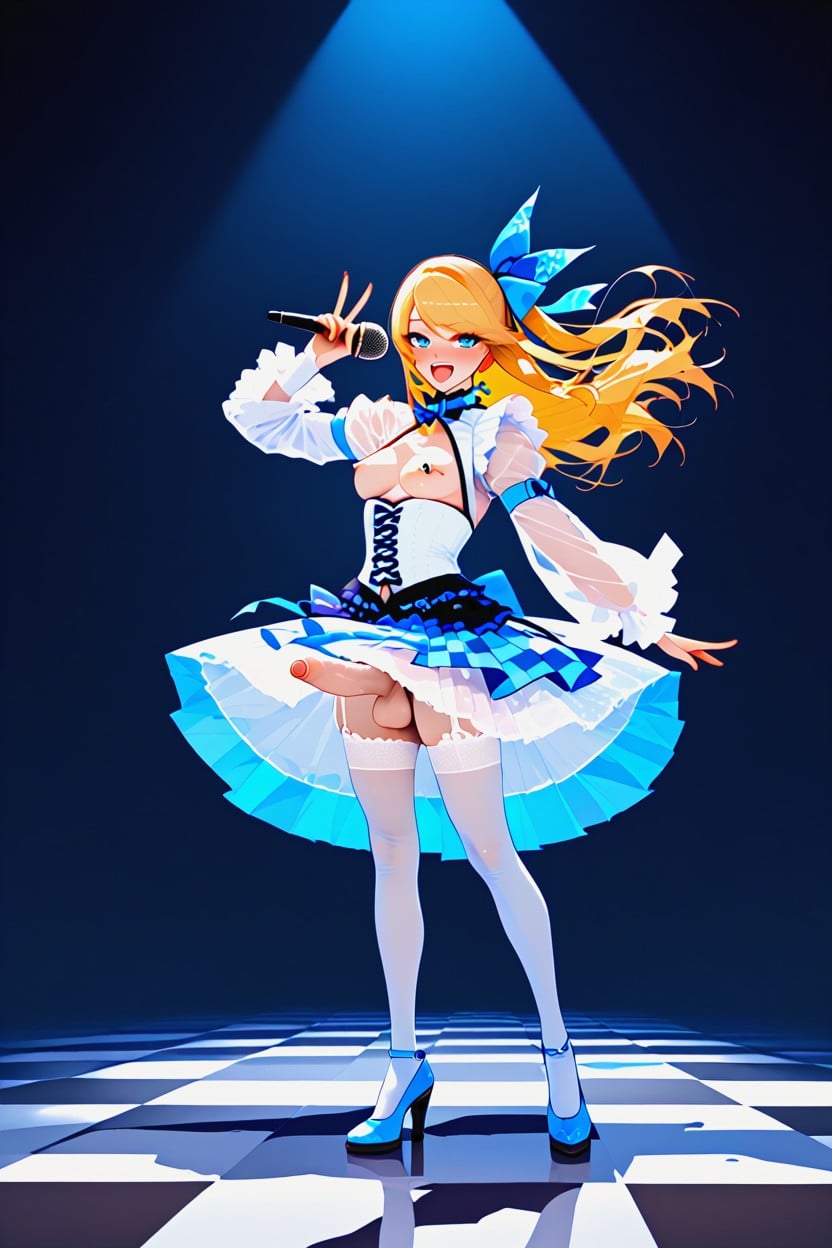 No Panties, Cyan Mary-jane Shoes With Strap, Front Open Skirt Shemale AI Porn