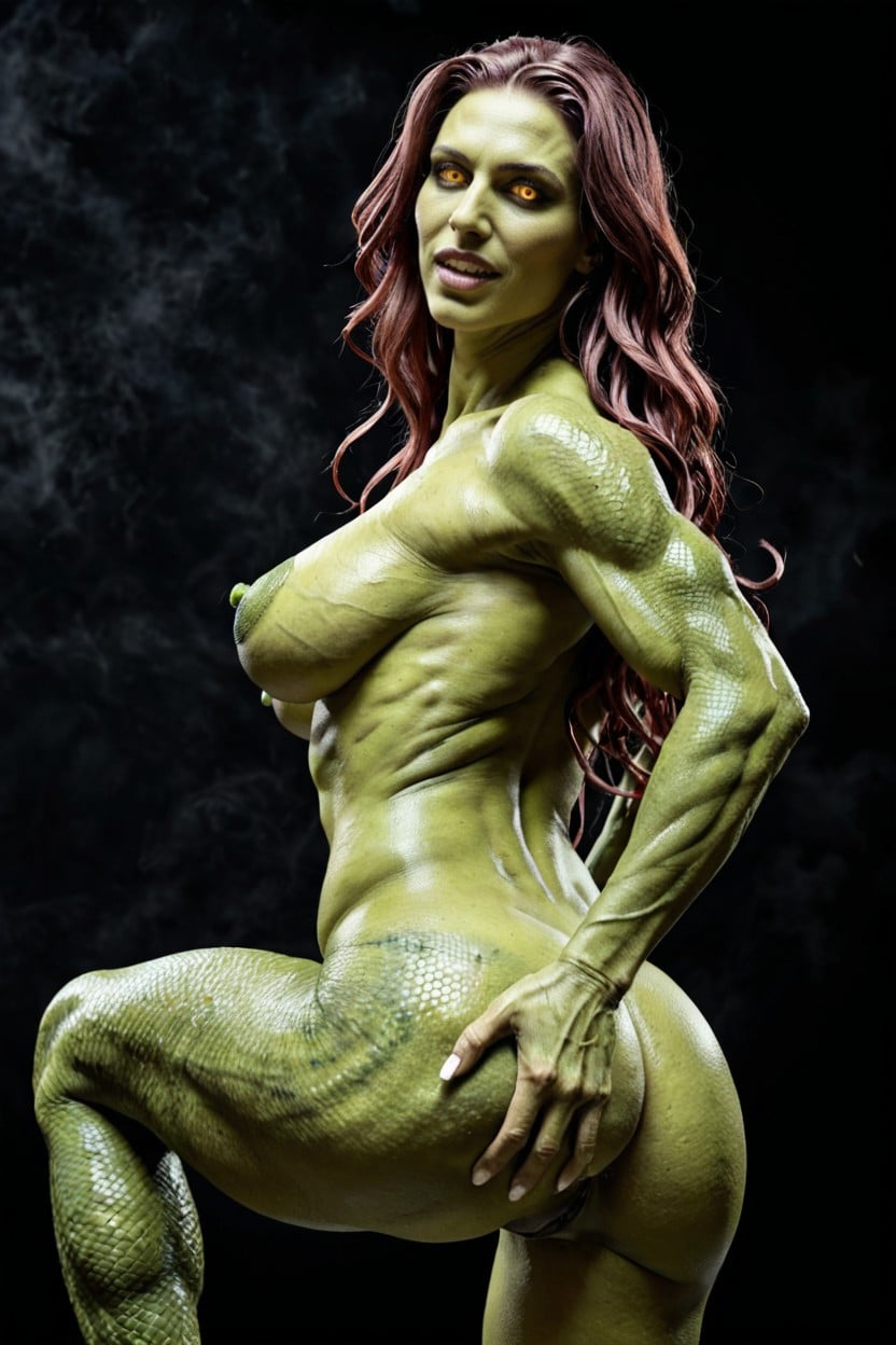 Long Nipples, Green Scaley Ass, Eyes Glowing Yellow AI Porn