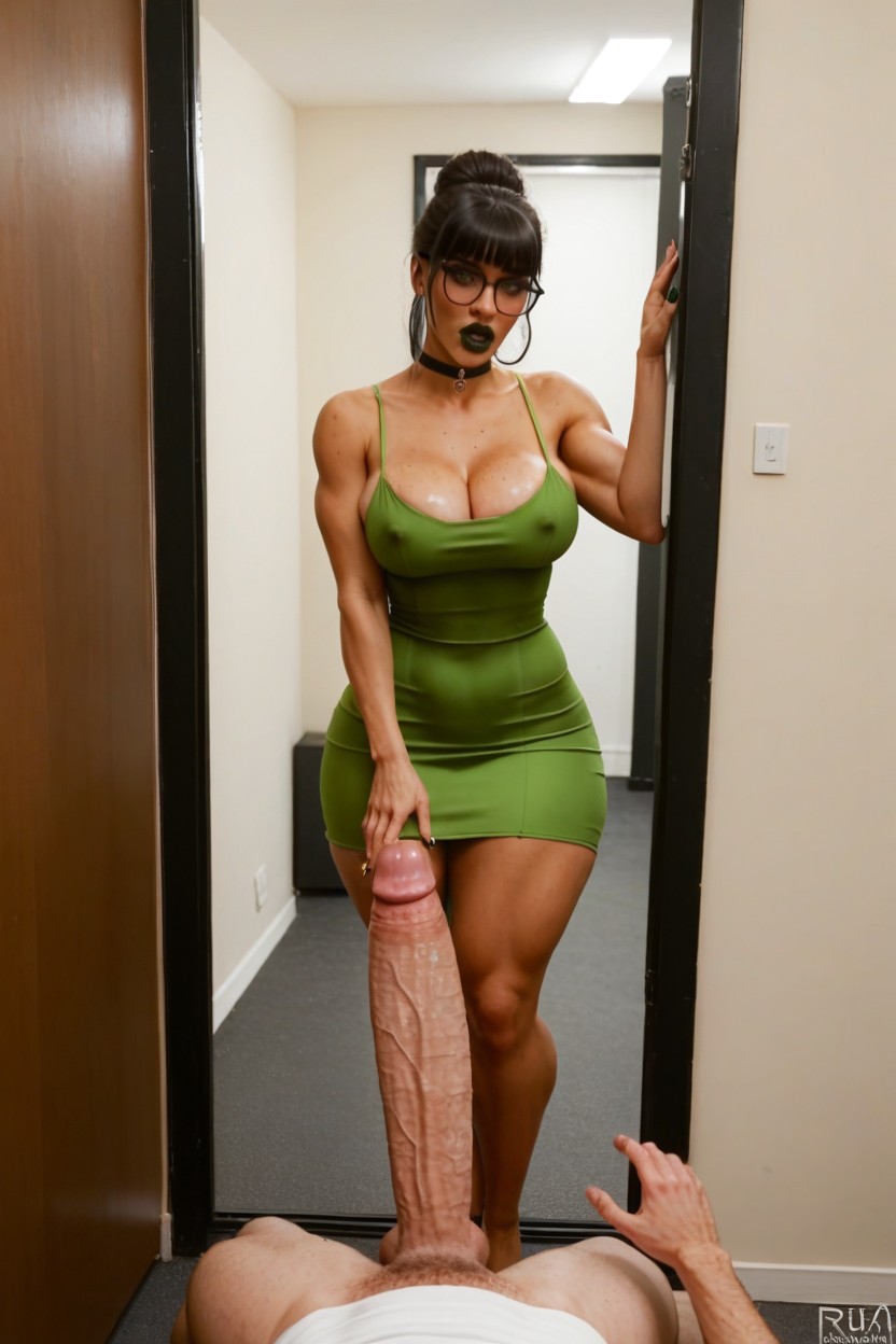 Woman Worshipping Penis, His Legs Straight Under, Makeup AI Porn