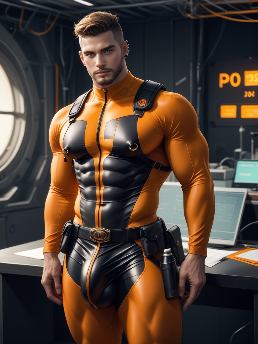Holster On Thigh, Very Muscular, Green Eyes 게이 AI 포르노
