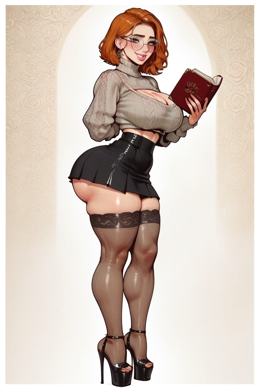 Holding Book, Full Pouty Thick Lips, Shapely Thick Legs AI Porn