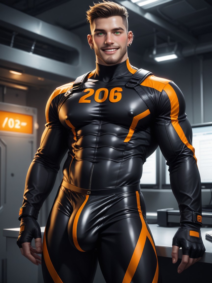 Horny, Black With Orange Trim Chest Harness, 밤 게이 AI 포르노