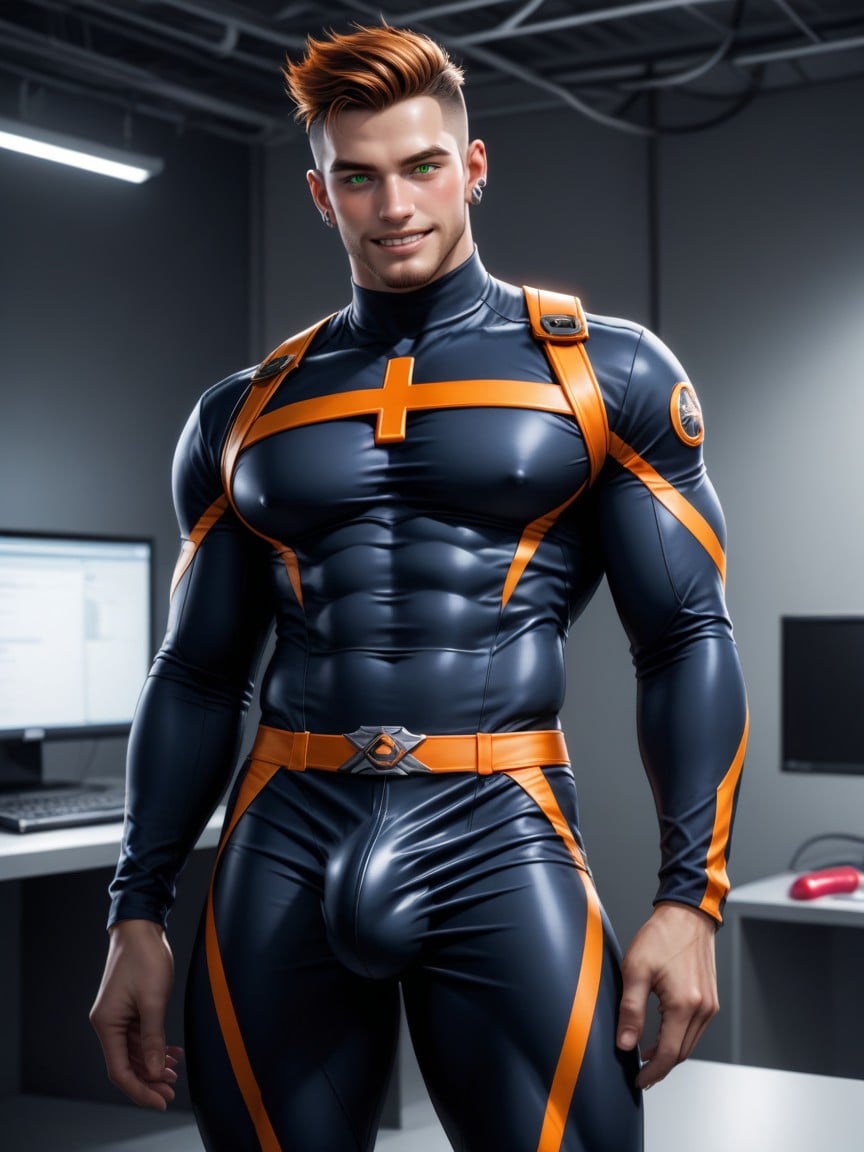 Brown Buzzcut Fade, Wearing A Black With Orange Trim Bodysuit, Horny AI Gay Porn