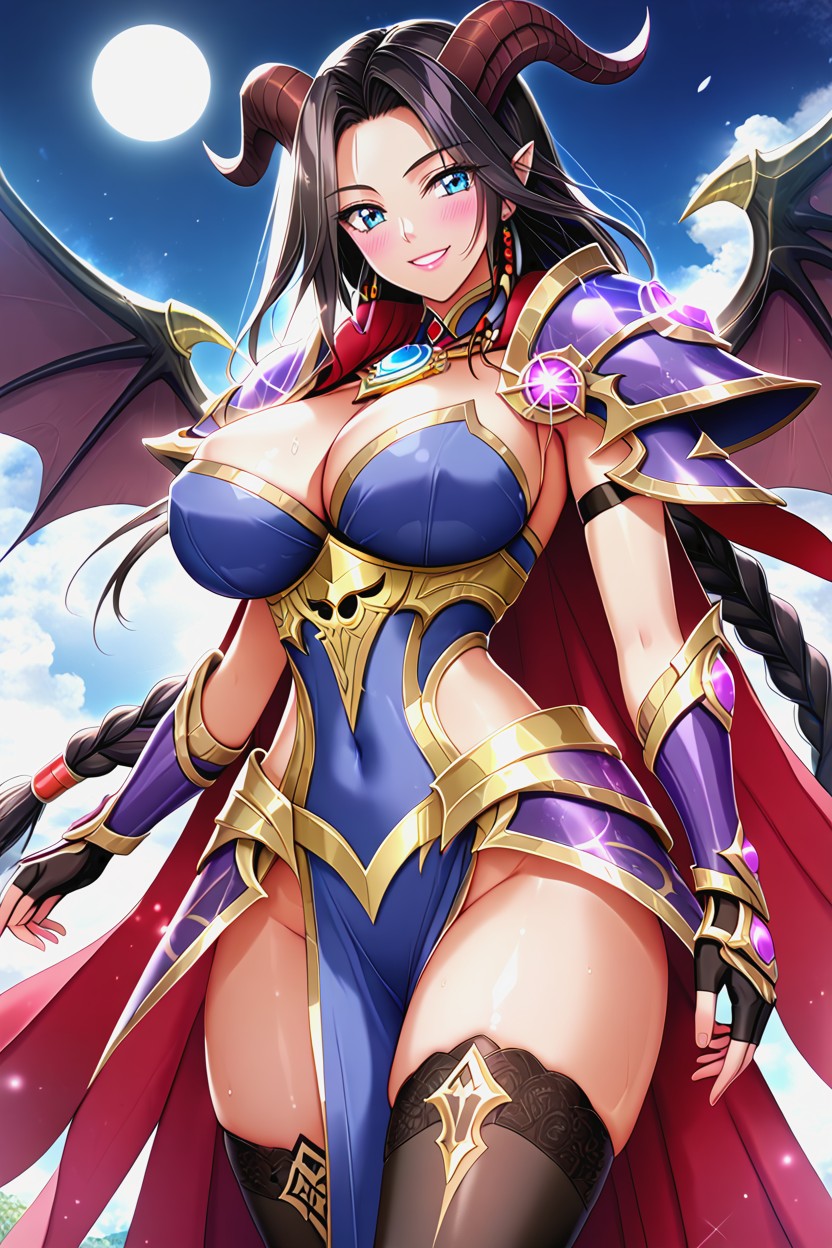 Dark Purple Skin, Huge Horns, Hair Covering One Eye AI Porn