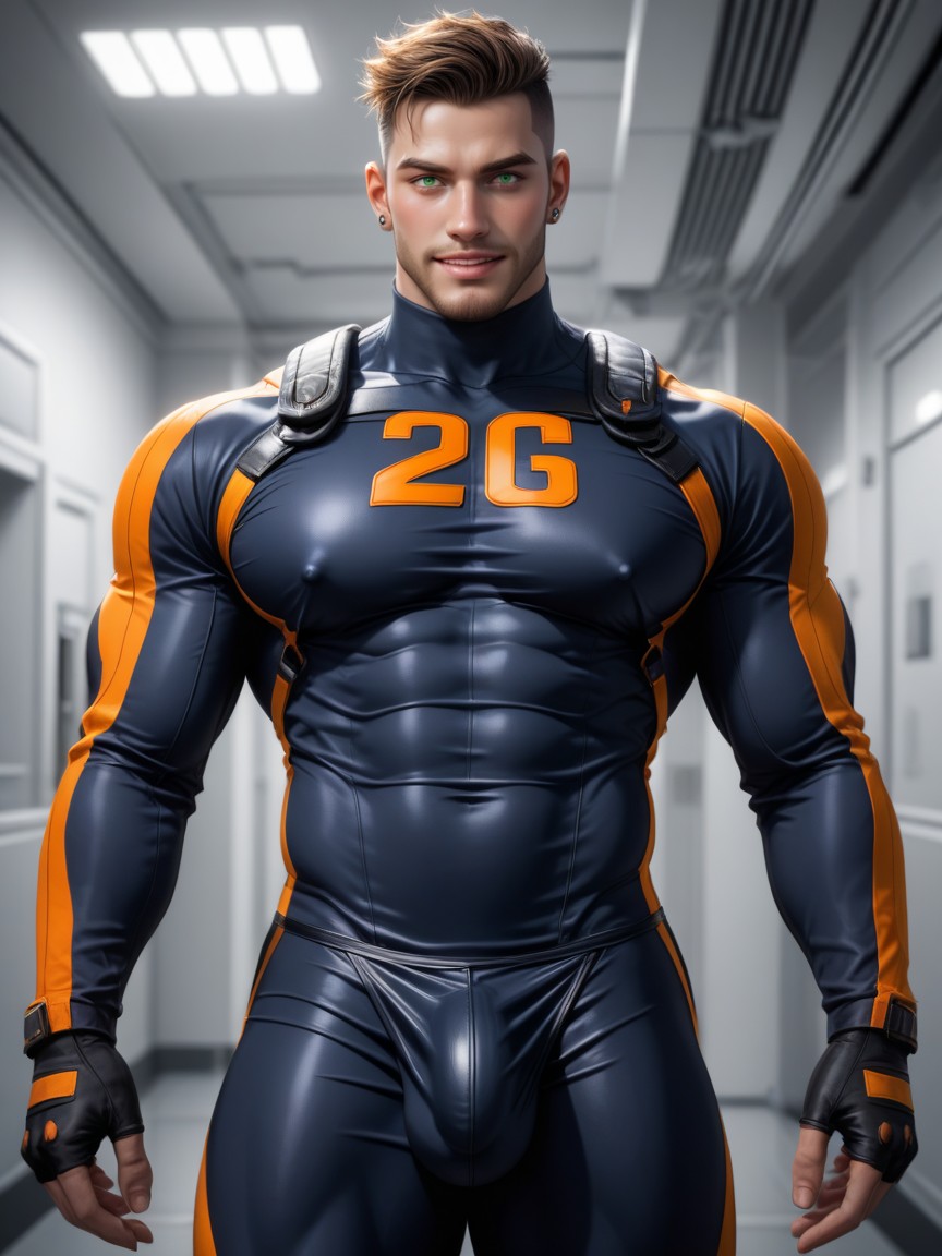 Wearing A Black With Orange Trim Bodysuit, Black With Orange Trim Chest Harness, Gay AI同性恋黄片
