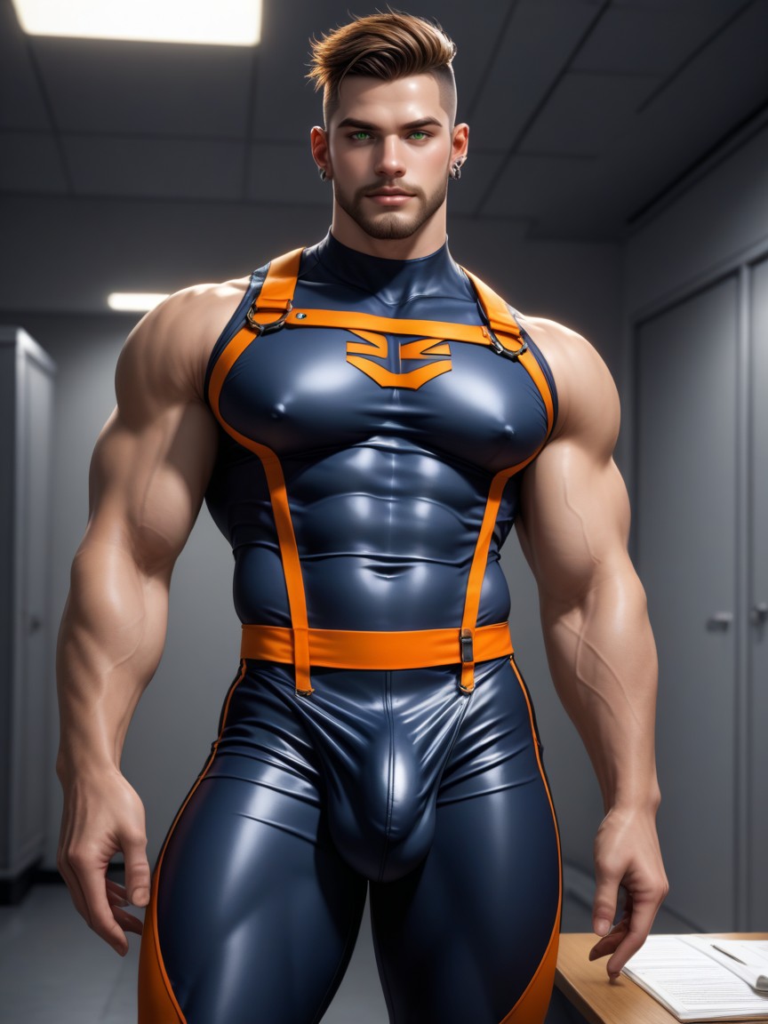 Green Eyes, Bodysuit Is Extremely Form Fitting, Full Thick Beard 게이 AI 포르노