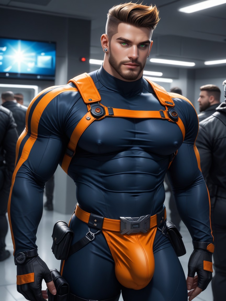Very Large Detailed Bulge, Black With Orange Trim Thong, Gay Porno gay IA