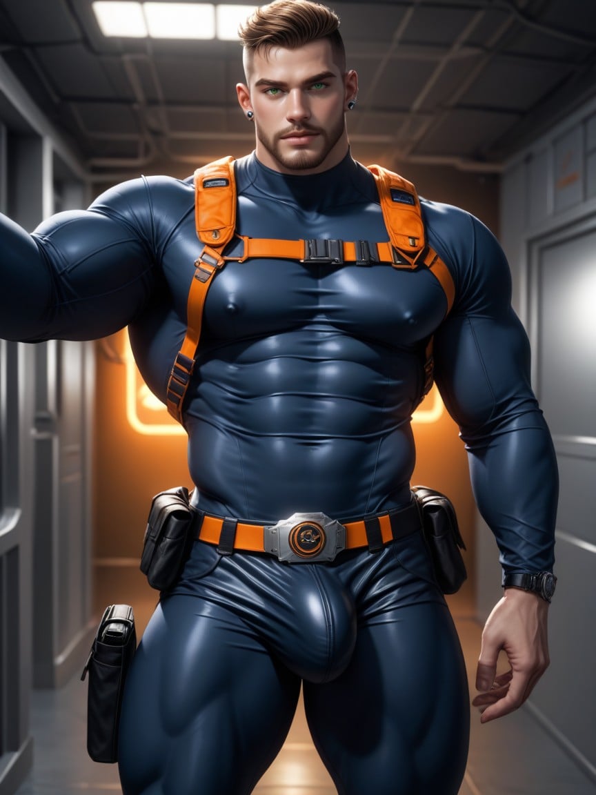 Green Eyes, Wearing A Black With Orange Trim Bodysuit, Gigantic Bulge Under Clothes AI同性恋黄片