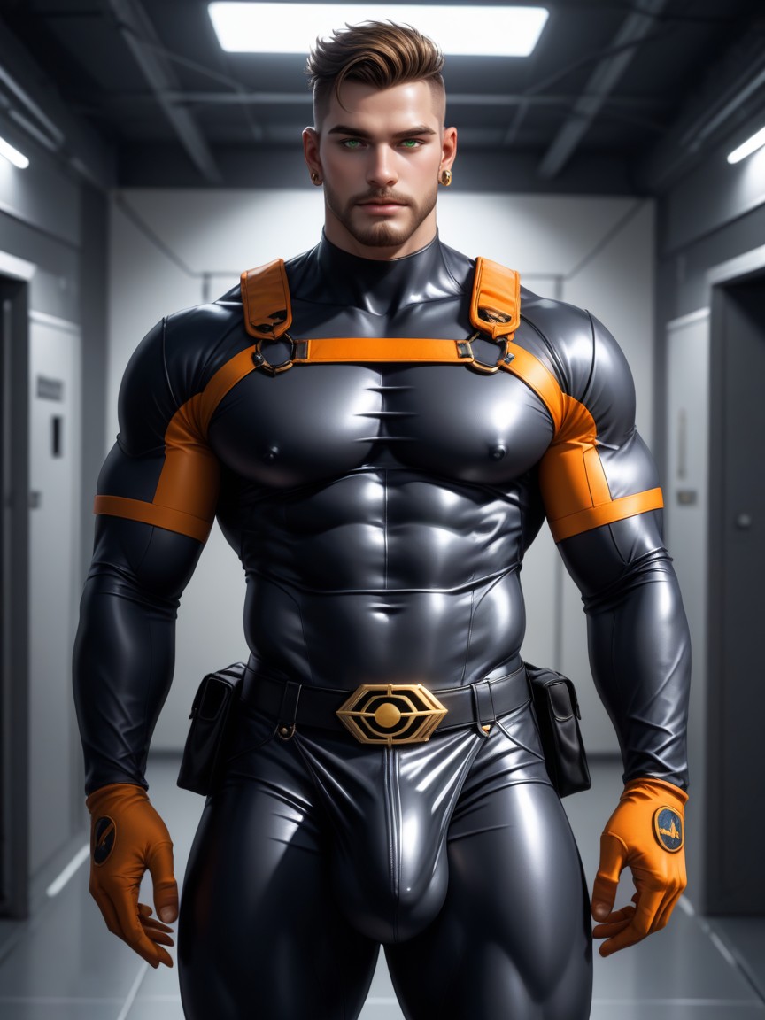 Holster On Thigh, Black With Orange Trim Thong, Brown Buzzcut Fade Porno gay IA