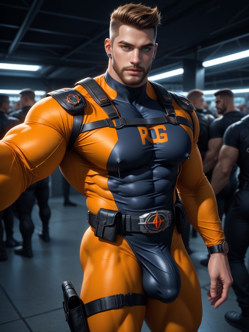 Full Thick Beard, Black With Orange Trim Chest Harness, Selfie AI Gay Porn