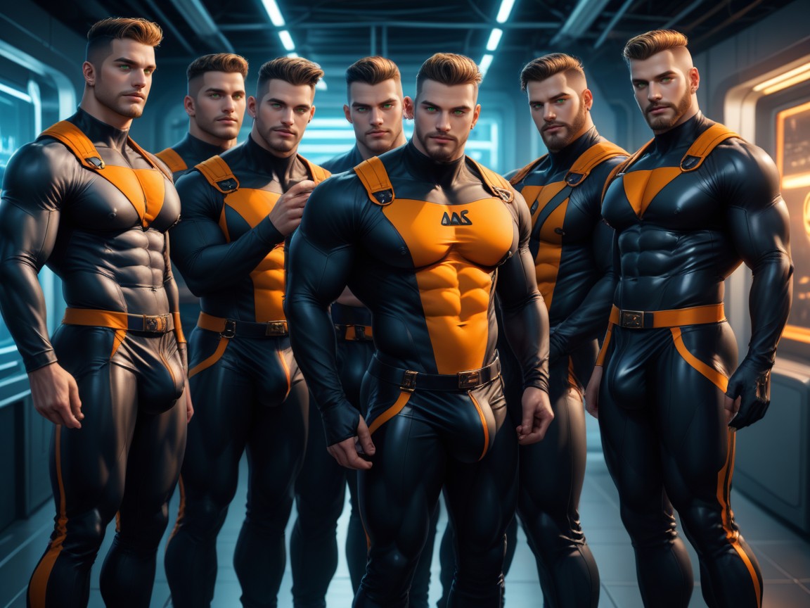 Bodysuit Is Extremely Form Fitting, Pierced Ears, Massive Engorged Cock Bulge Under Clothes AI Gay Porn
