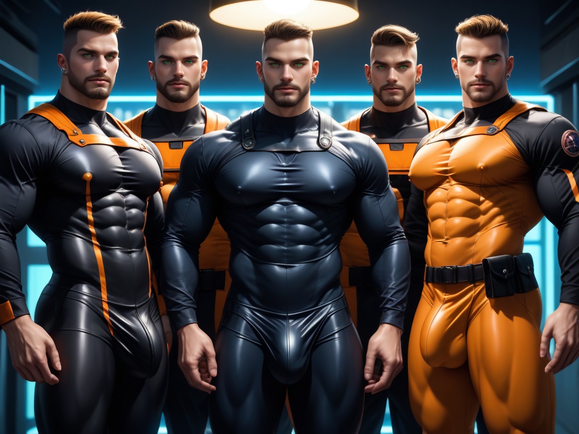 Biohazard And Radiation, Wearing A Black With Orange Trim Bodysuit, Very Large Detailed Bulge AI Gay Porn