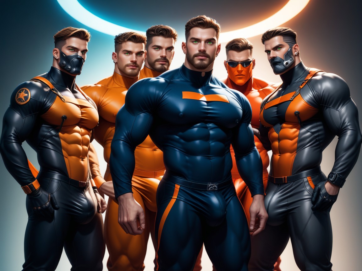 Full Thick Beard, Wearing A Black With Orange Trim Bodysuit, Неон ИИ гей порно