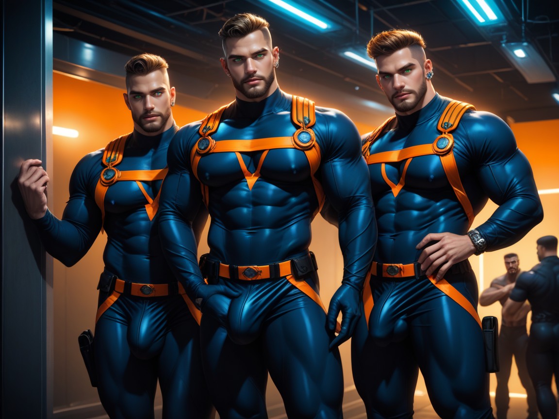 Very Large Detailed Bulge, Noche, Wearing A Black With Orange Trim Bodysuit Porno gay IA