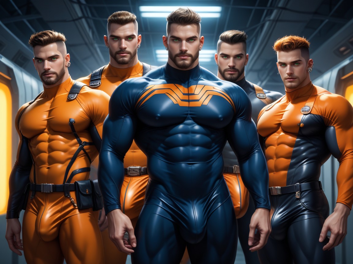 Brown Buzzcut Fade, Black With Orange Trim Thong, Very Large Detailed Bulge 게이 AI 야짤