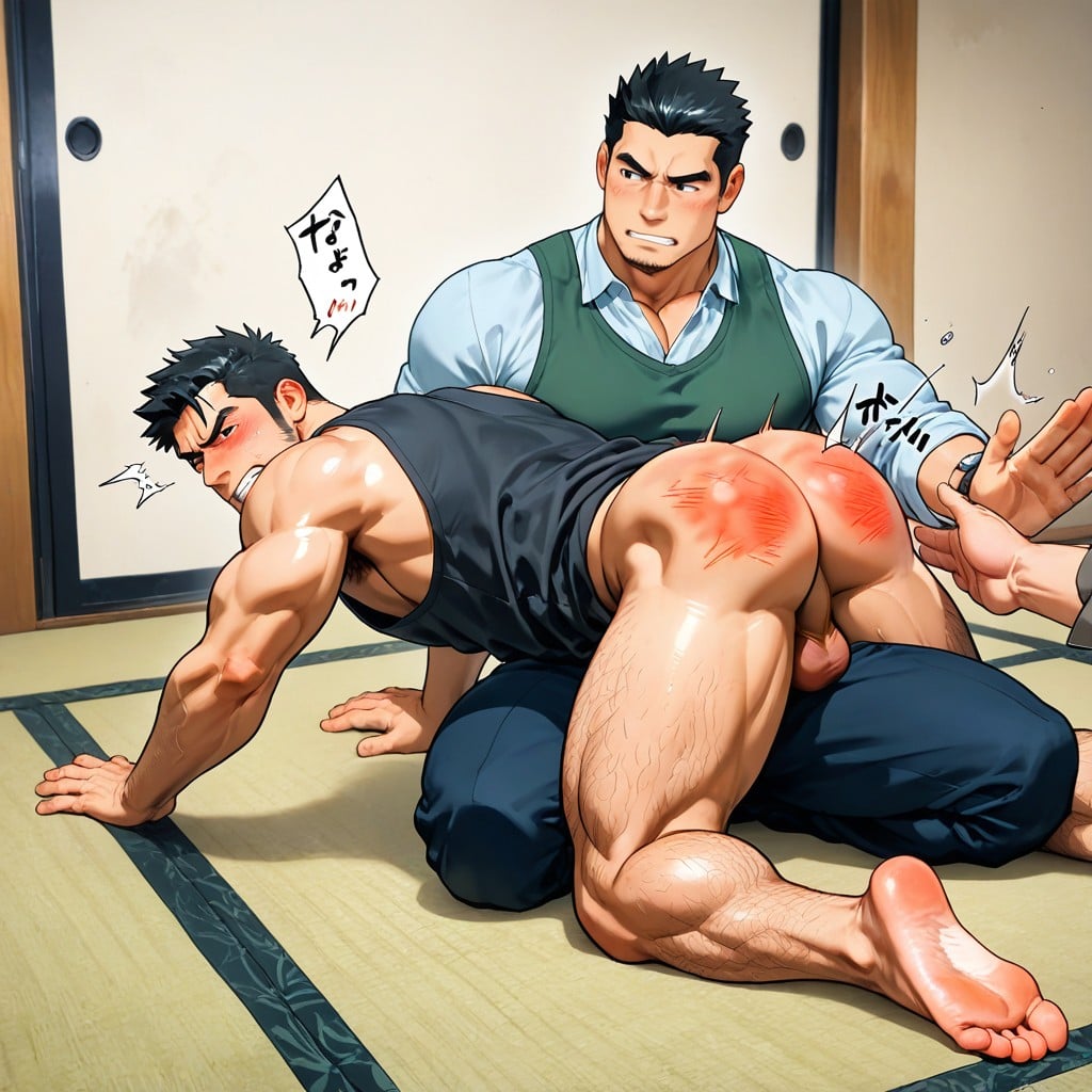 Spanking, Black Hair, The Man Spanking Uses His Right Hand And Left Hand Is Holding Down The Waist Of The Man Being Spanked 게이 AI 야짤