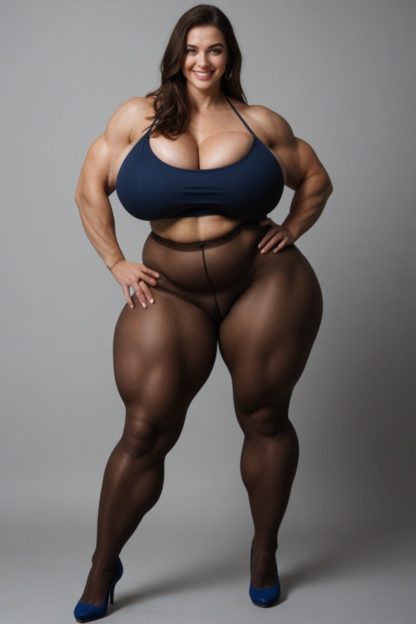 Muscular Calf, Overflowing Cleavage, Blue Stiletto Heels AI Porn