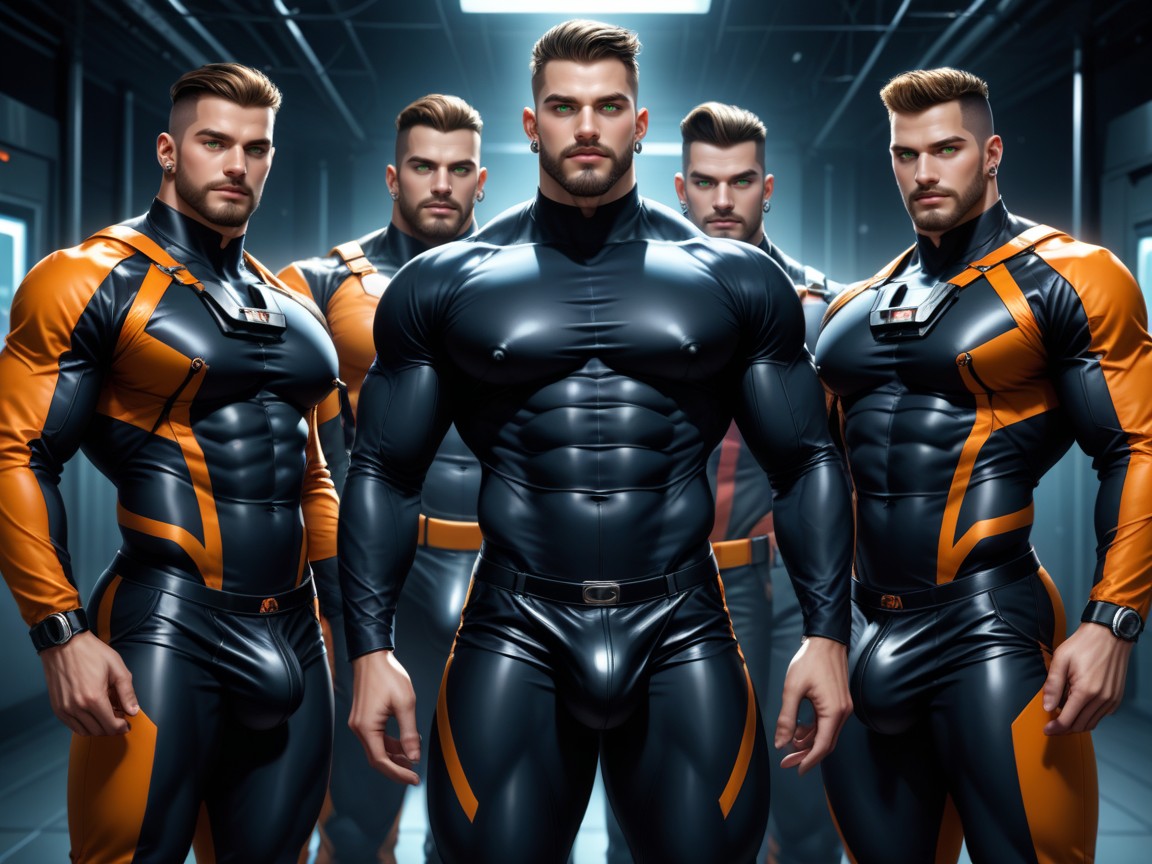Wearing A Black With Orange Trim Bodysuit, Huge Veiny Bulge, Green Eyes ゲイAIポルノ