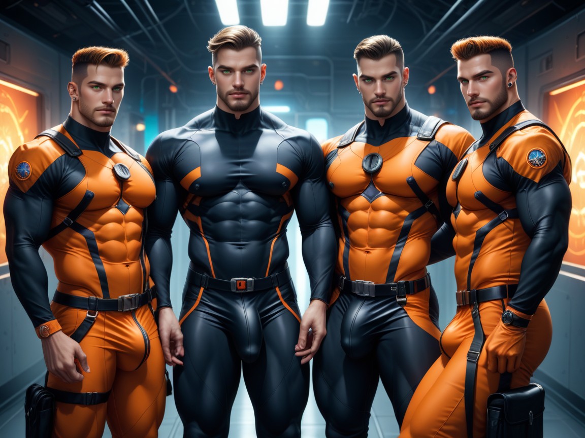 Black With Orange Trim Chest Harness, Pierced Ears, Skintight Clothing AI Gay Porn