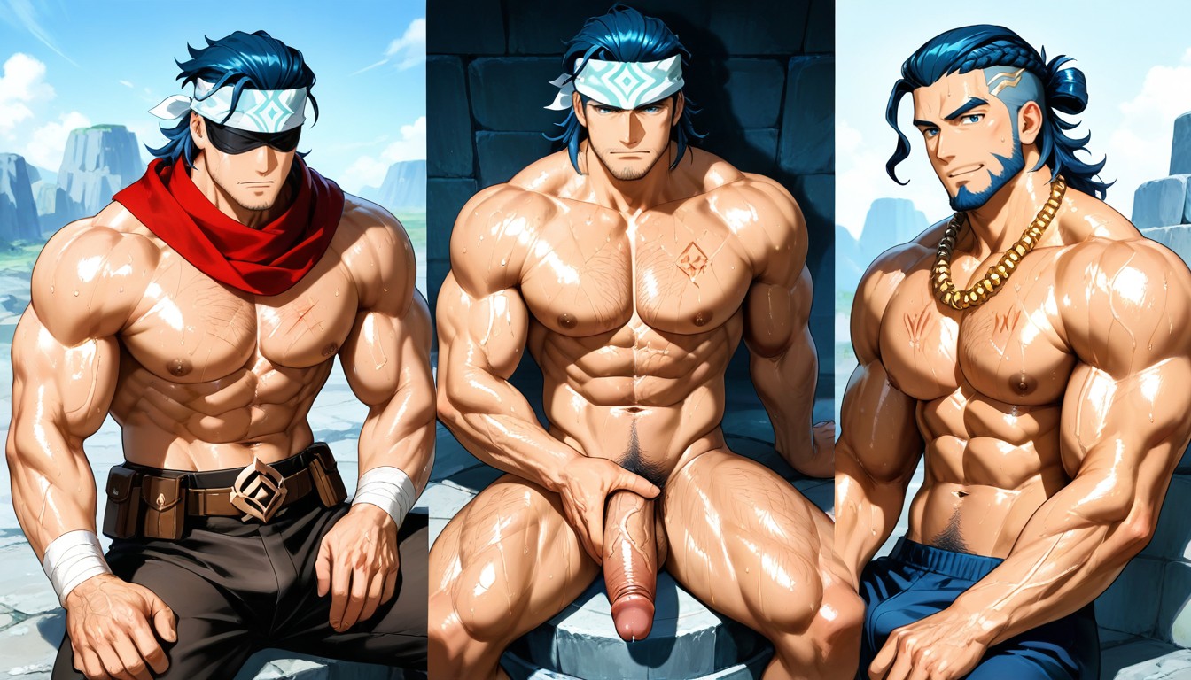 Spread Legs, Red Scarf Around The Neck, Black And Gold Blindfold AI Gay Porn