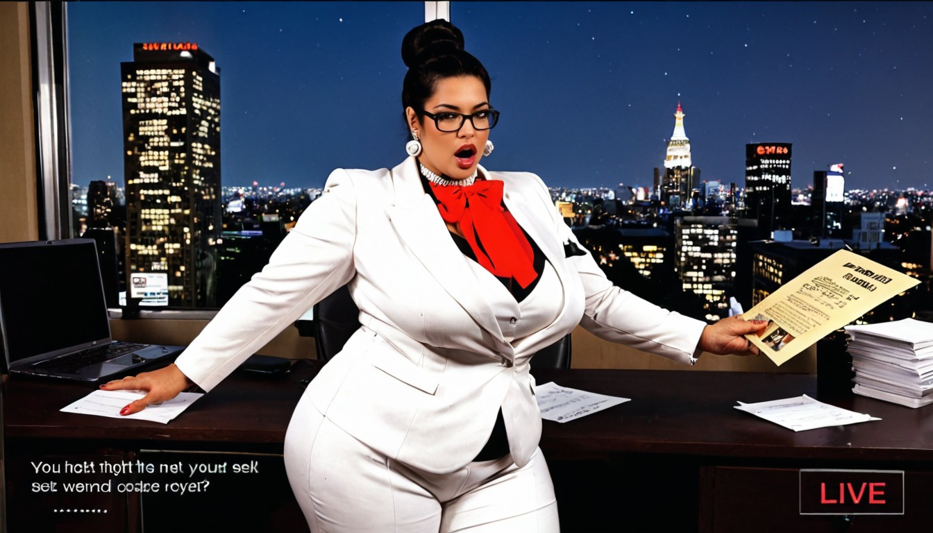 Female Newscaster, Black Eyes, Papers On The Steel Desk BBW AI Porn