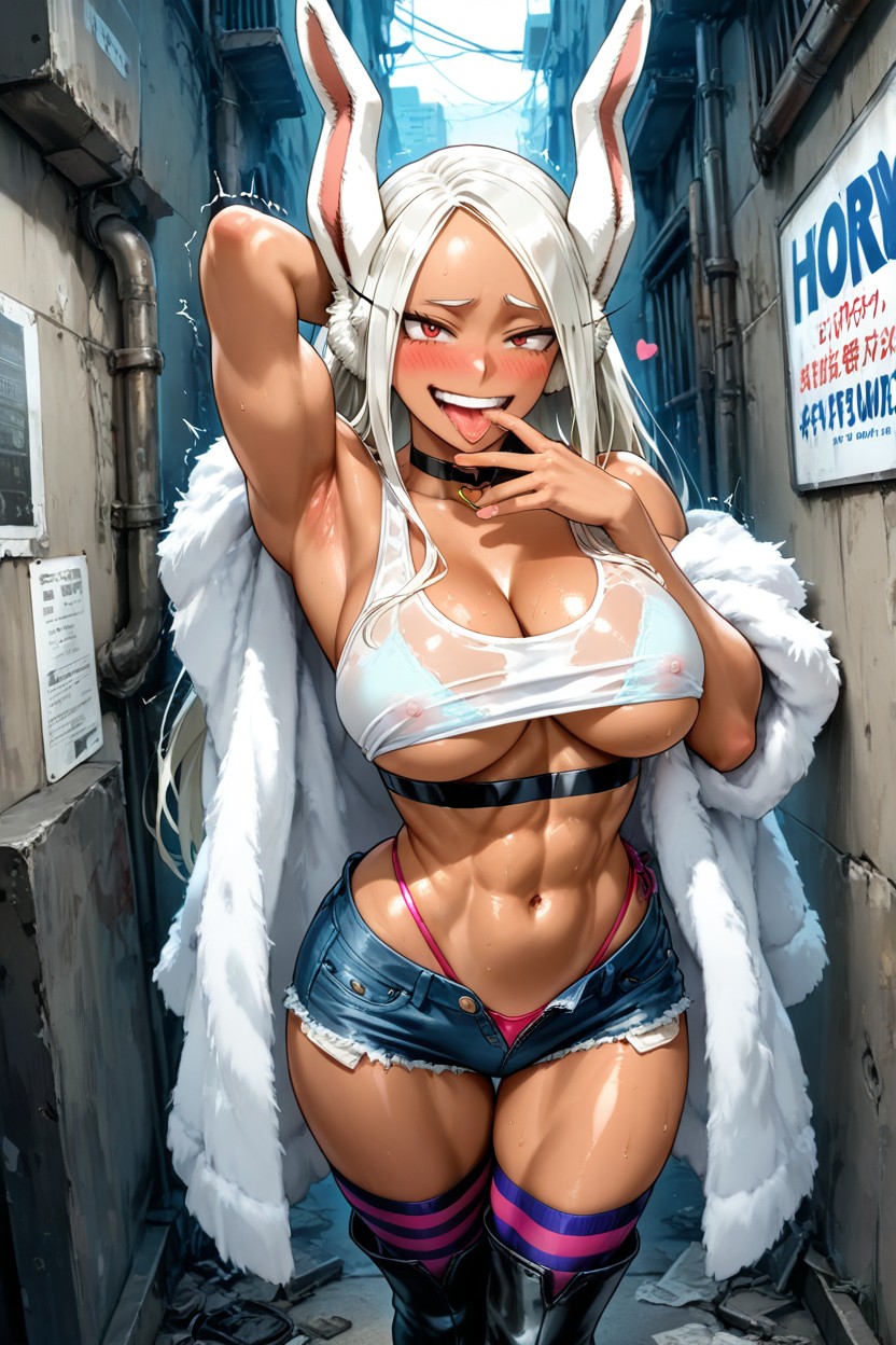 Unzipped Tight Denim Hot Pants Showing Thong, Glad, Standing Hentai AI Porn
