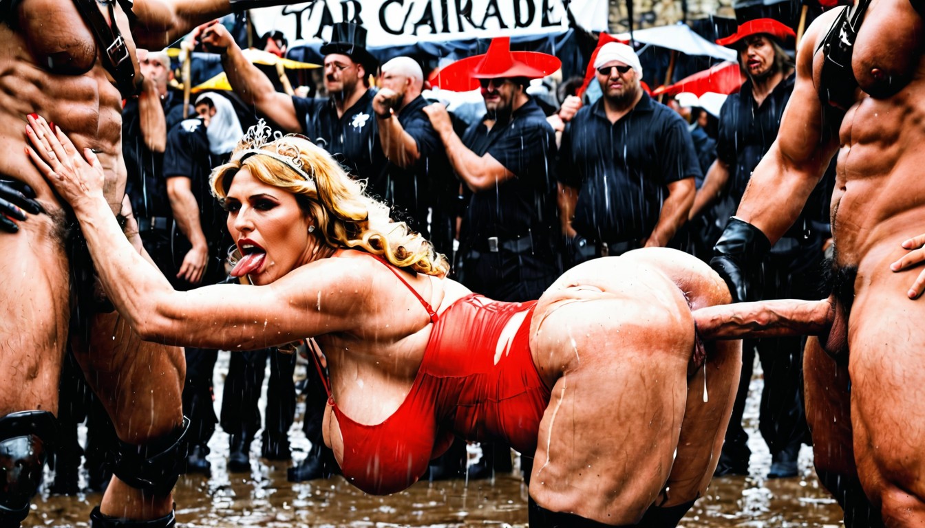 Anal Sex In The Rain, Spitroast Anal, A Large Crowd Watches MILF AI Porn