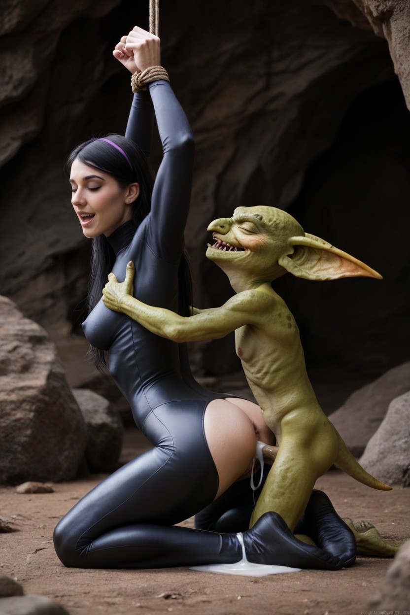 Closed Eyes, Larger Woman, The Gremlin Is Holding The Woman's Buttocks And Fucking Her With His Large Penis AI Porn