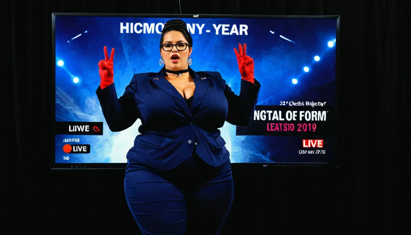 Emphasizes The Bulge Of Own Huge Boobs, Extremely Large Ass, Huge Screen Behind BBW AI Porn