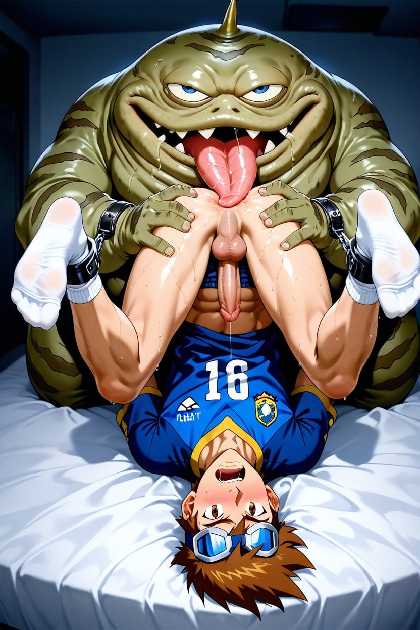 Pants Pulled Down, On Bed, Bottom's Flaccid Penis Stroked By The Jabba The Hutt Porno IA Gay
