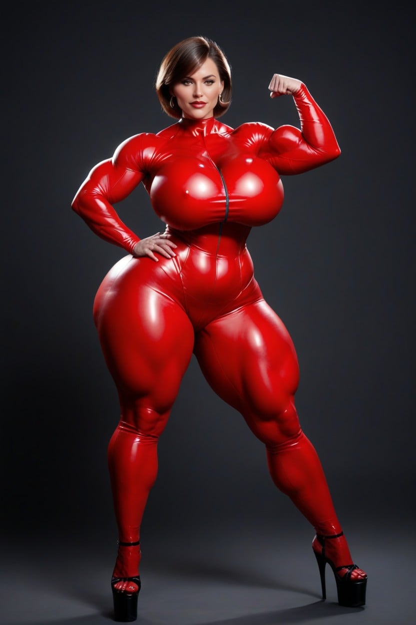 Gigantic Perfect Boobs, Standing Legs Spread, Red Platform High Heels MILF AI Porn