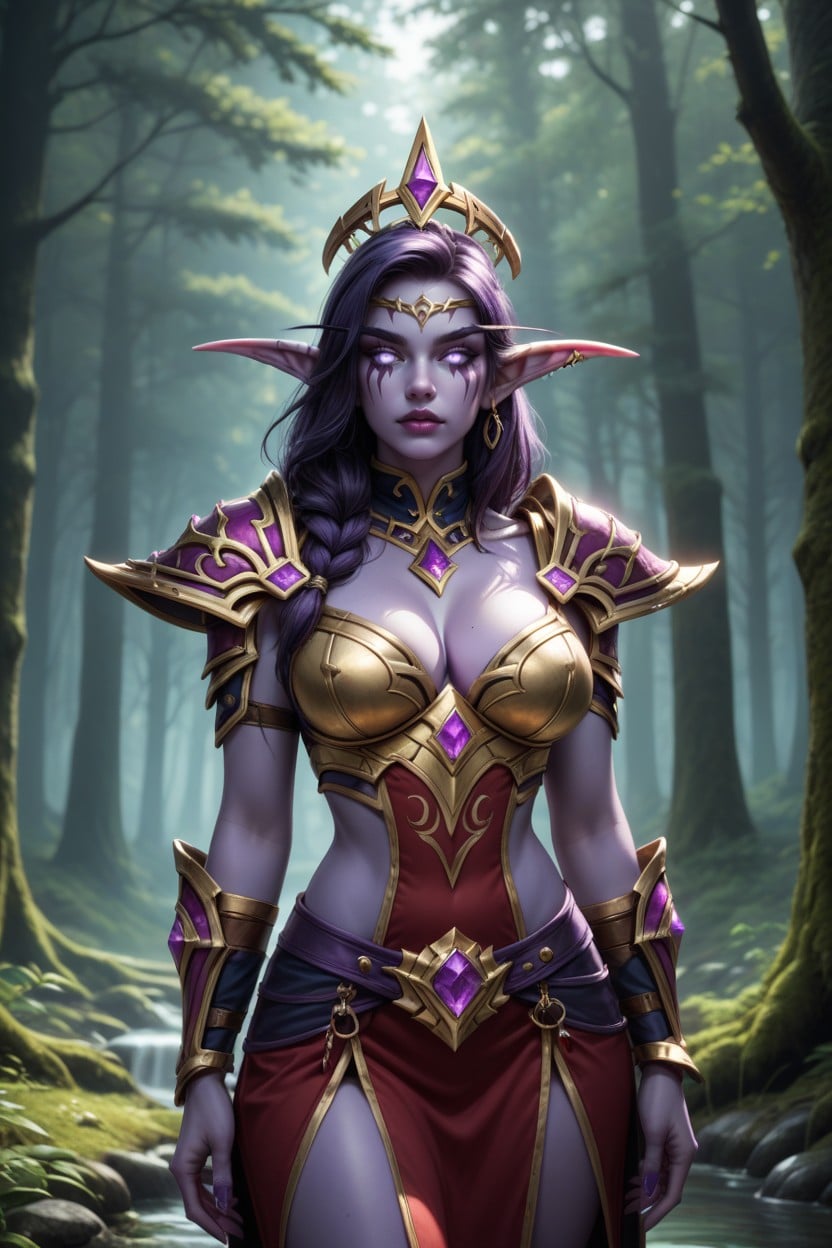And Is Seemingly Ageless She Wears Ornate Golden Armor Adorned With Purple Gems, 25+, Cosplay AI Porn